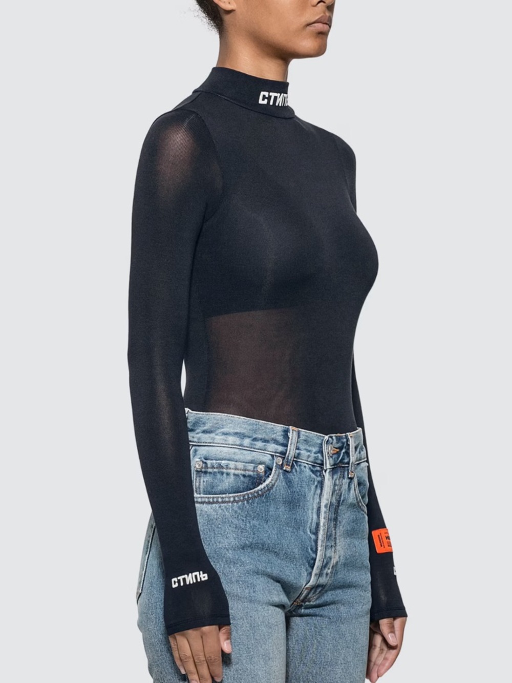Heron Preston Black Sheer Long-Sleeve Bodysuit with Logo Neck - Picture 4 of 5